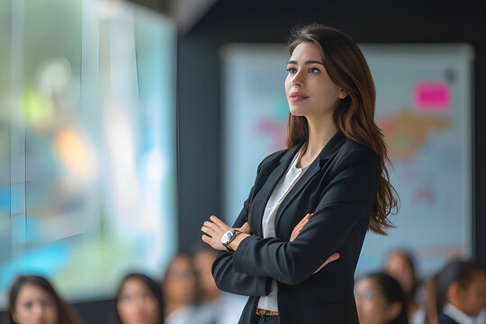 Confident businesswoman delivering a corporate presentation at a seminar or conference. The image showcases her expertise and leadership skills in a professional setting