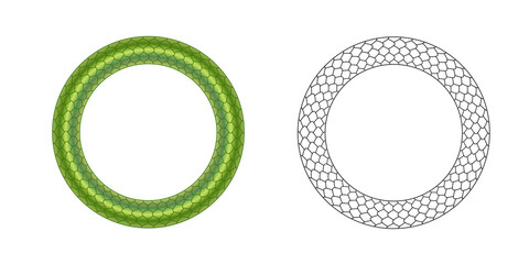 Round Frame Border With Snake Scales Pattern Vector Illustration Set - obrazy, fototapety, plakaty