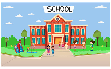 Children are playing games during break time at the school. Flat vector illustration.