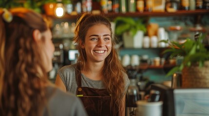 A cheerful barista engaging in conversation with a guest at the bar counter