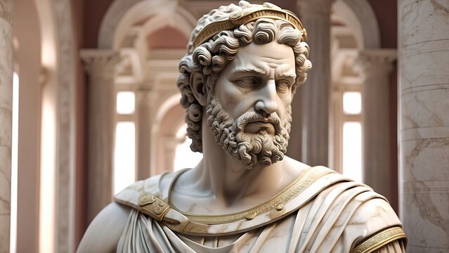 Photorealistic stoic greek marble statue in temple, Stoics and stoicism motivational and inspirational quotes