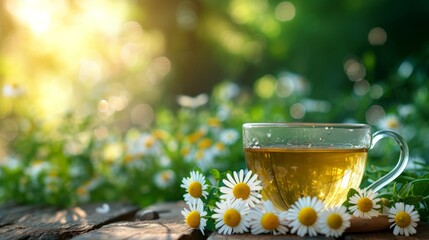 a cup of green tea next to chamomile flower on a wooden table. blurred background of summer garden from behind - obrazy, fototapety, plakaty