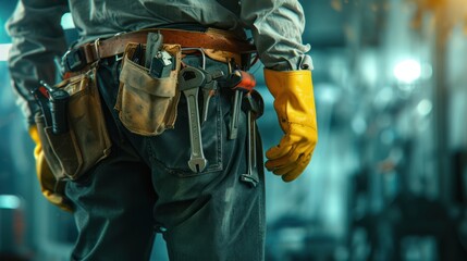 Close-up of Maintenance worker with bag and tools kit wearing on waist. selective focus, text space.