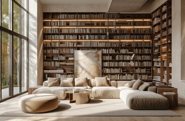 Fototapeta na wymiar a living room full of bookshelves and shelves