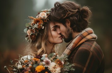 Naklejka premium a couple kissing while holding flower crown