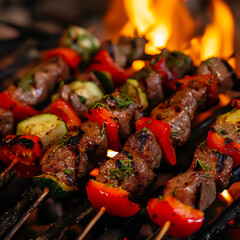  Image of kebabs being cooked on fire close-up
