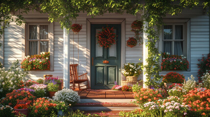 Fototapeta na wymiar A charming cottage-style front porch with a porch swing, hanging flower baskets, and a welcoming front door adorned with a colorful wreath, inviting guests to relax and enjoy the peaceful surrounding
