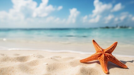 starfish on the beach on a tropical island with the ocean view, blue skies, serene oceanic vistas, resorts in the background