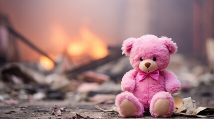 A pink teddy bear on a blurred background of destroyed buildings. bombing, terrorist attack, fire. - obrazy, fototapety, plakaty