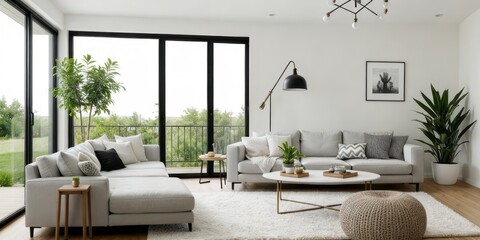 Modern living room with expansive windows offering a panoramic view, complemented by chic decor and lush indoor plants.
 - obrazy, fototapety, plakaty