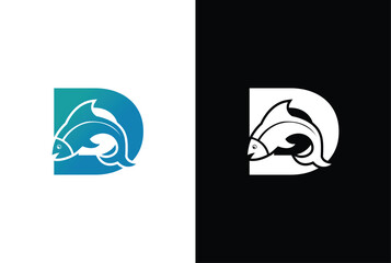 Initial Letter D Fish Logo Design Vector Icon Graphic Emblem Illustration. Word mark logo icon formed fish symbol in letter D in White background.