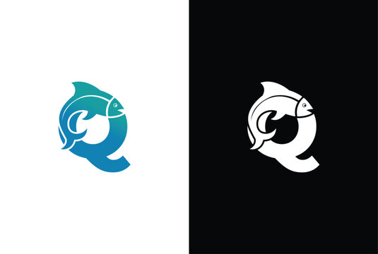 Initial Letter Q Fish Logo Design Vector Icon Graphic Emblem Illustration. Word mark logo icon formed fish symbol in letter Q in White background.