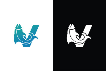 Initial Letter V Fish Logo Design Vector Icon Graphic Emblem Illustration. Word mark logo icon formed fish symbol in letter V in White background. - obrazy, fototapety, plakaty