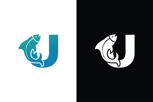 Initial Letter U Fish Logo Design Vector Icon Graphic Emblem Illustration. Word mark logo icon formed fish symbol in letter U in White background.