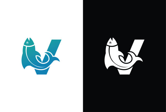 Initial Letter V Fish Logo Design Vector Icon Graphic Emblem Illustration. Word mark logo icon formed fish symbol in letter V in White background.