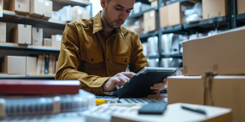 Obraz premium An entrepreneur calculating taxes on a digital device, warehouse boxes background