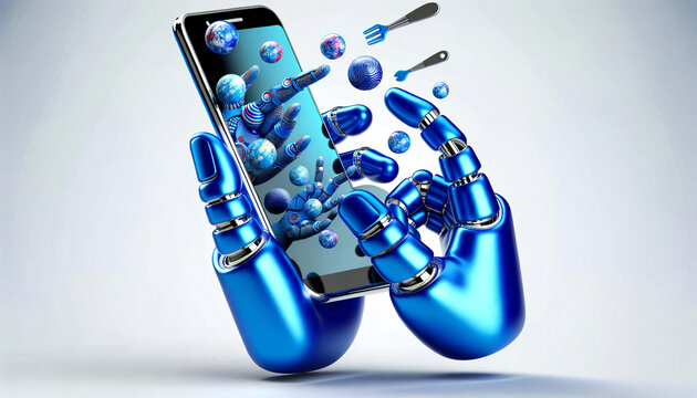 A conceptual image of metallic blue robot hands interacting with a smartphone, emitting various items like globes and tools in a surrealistic manner.Technology concept. AI generated.