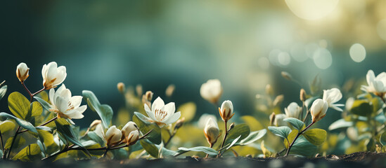 Spring banner with blooming magnolia flowers on bright green background. - obrazy, fototapety, plakaty