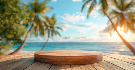 Obraz premium Summer product display on wooden podium at sea tropical beach. sandy beach with Palm trees and turquoise sea background, close up. Vacation concept