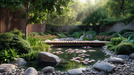 A serene backyard garden with a tranquil pond, a wooden footbridge, and lush landscaping, creating...