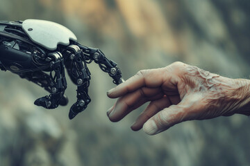 A robotic hand reaches towards a human hand, a convergence of technology and humanity.
