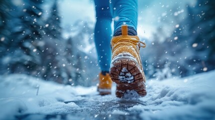 Winter Exploration. Close-Up of Runner's Legs Braving the Snowy Terrain
 - obrazy, fototapety, plakaty