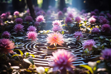 Labyrinth in the garden with pink flowers. Generated by artificial intelligence