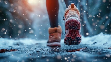 Winter Exploration. Close-Up of Runner's Legs Braving the Snowy Terrain
 - obrazy, fototapety, plakaty