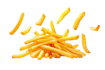 French fries or potato fries with salt taste isolated on background, fast food with high calories, popular appetizer or snack. - obrazy, fototapety, plakaty
