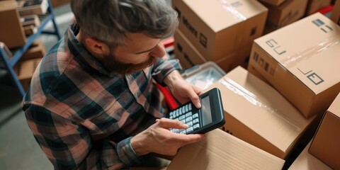 An entrepreneur calculating taxes on a digital device, warehouse boxes background - obrazy, fototapety, plakaty