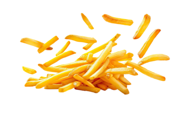 French fries or potato fries with salt taste isolated on background, fast food with high calories, popular appetizer or snack.