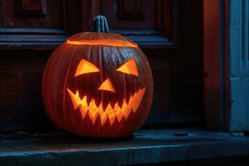 Obraz premium carved and illuminated jack-o-lantern on a doorstep House with halloween orange pumpkin decoration, jack o lanterns with spooky faces on porch