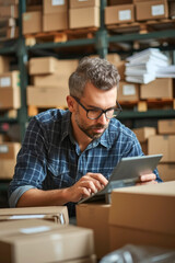 Fototapeta premium An entrepreneur calculating taxes on a digital device, warehouse boxes background
