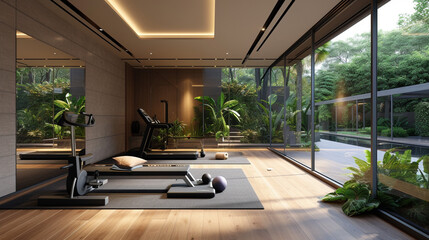 A sleek and modern home gym with state-of-the-art equipment, mirrored walls, and floor-to-ceiling...