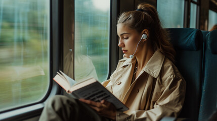 Fototapeta premium young woman is sitting by the window of a train, reading a book and listening to music through earphones, looking relaxed and content