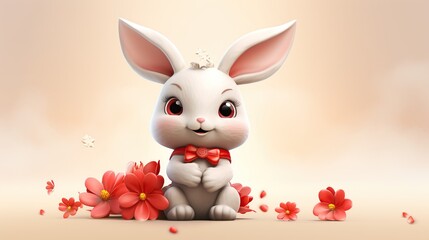 Cute bunny with red flowers for Chinese new year banner template background. Created with Generative AI
