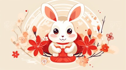 Obraz na płótnie Canvas Cute bunny with red flowers for Chinese new year banner template background. Created with Generative AI