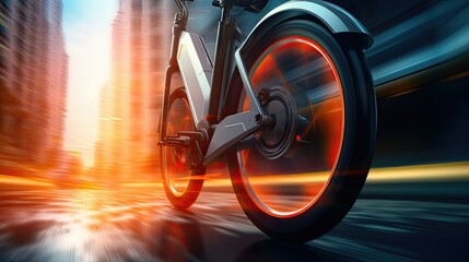 Dynamic view of an electric bicycle wheel glowing with speed on an urban road.