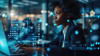 Woman is working intently on a laptop in a dark office environment, surrounded by glowing digital graphics and interface elements