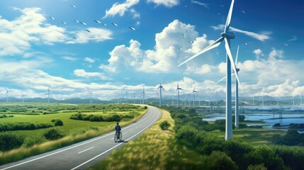 A lone cyclist on a road with wind turbines in a lush landscape. - Powered by Adobe