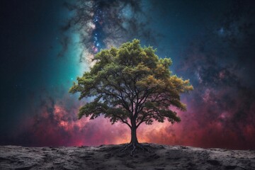 tree on the moon, colorful cosmos skyline, astronomy banner 