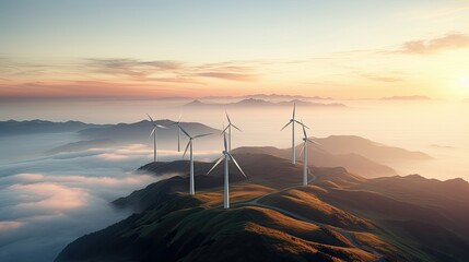 Wind turbines on misty mountains at sunrise. - obrazy, fototapety, plakaty
