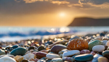 Close-up shot of multicolored sea polished stones, rolled pebbles on the seashore texture gems, ocean in the background, sunset, copyspace on a side