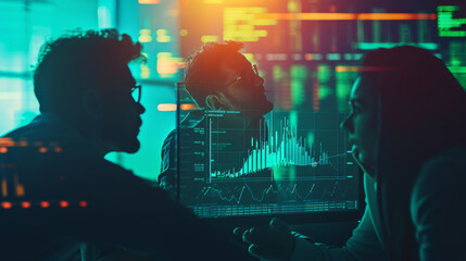 Obraz premium individuals are analyzing financial data on multiple computer screens in a dark room illuminated by the glow of the monitors