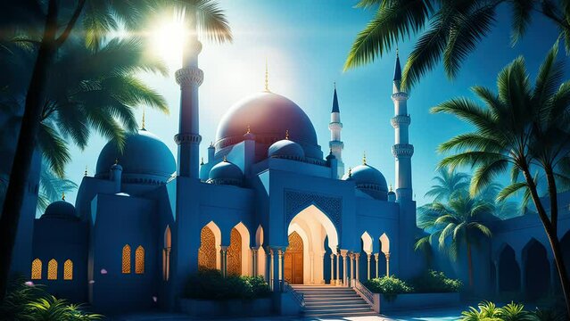 4K Video Animation Beautiful Mosque during the day with sunlight penetrating the palm trees and beautiful butterflies flying