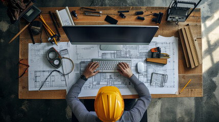 overhead shot of an architect working at a desk with blueprints
