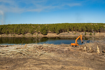 An excavator is working on the riverbank and clearing the shore of fallen trees