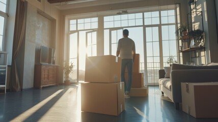 Fototapeta premium moving concept, a man stands among cardboard boxes with things and furniture in the middle of an empty living room and opens packed boxes