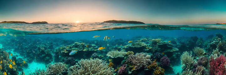 Fototapeta na wymiar Island And Wonderful Underwater World With Tropical Fish
