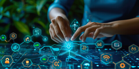 Person engaging with a futuristic digital interface, sustainability concept